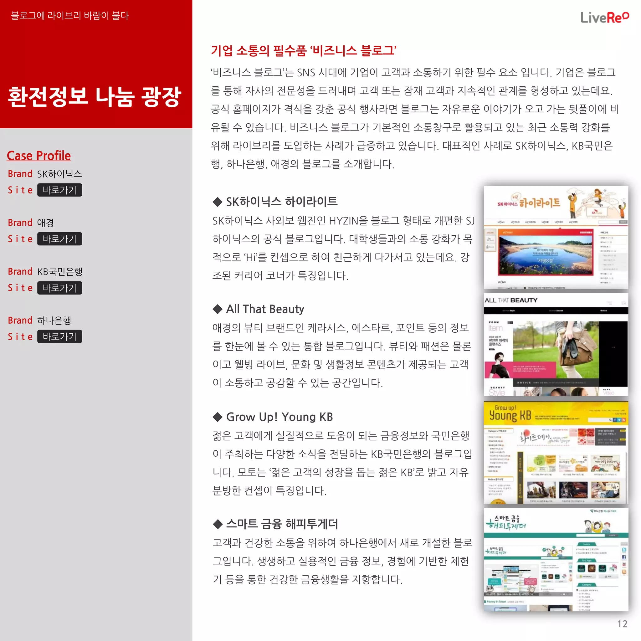 블로그에 라이브리 바람이 불다


                   기업 소통의 필수품 ‘비즈니스 블로그’
                   ‘비즈니스 블로그’는 SNS 시대에 기업이 고객과 소통하기 위한 필수 요소 입니다. 기업은 블로그

환전정보 나눔 광장         를 통해 자사의 전문성을 드러내며 고객 또는 잠재 고객과 지속적인 관계를 형성하고 있는데요.
                   공식 홈페이지가 격식을 갖춘 공식 행사라면 블로그는 자유로운 이야기가 오고 가는 뒷풀이에 비
                   유될 수 있습니다. 비즈니스 블로그가 기본적인 소통창구로 활용되고 있는 최근 소통력 강화를
                   위해 라이브리를 도입하는 사례가 급증하고 있습니다. 대표적인 사례로 SK하이닉스, KB국민은
Case Profile
                   행, 하나은행, 애경의 블로그를 소개합니다.
Brand SK하이닉스
Site   바로가기
                   ◆ SK하이닉스 하이라이트
Brand 애경           SK하이닉스 사외보 웹진인 HYZIN을 블로그 형태로 개편한 SJ
Site   바로가기        하이닉스의 공식 블로그입니다. 대학생들과의 소통 강화가 목
                   적으로 ‘Hi’를 컨셉으로 하여 친근하게 다가서고 있는데요. 강
Brand KB국민은행
                   조된 커리어 코너가 특징입니다.
Site   바로가기

                   ◆ All That Beauty
Brand 하나은행
                   애경의 뷰티 브랜드인 케라시스, 에스타르, 포인트 등의 정보
Site   바로가기
                   를 한눈에 볼 수 있는 통합 블로그입니다. 뷰티와 패션은 물론
                   이고 웰빙 라이브, 문화 및 생활정보 콘텐츠가 제공되는 고객
                   이 소통하고 공감할 수 있는 공간입니다.


                   ◆ Grow Up! Young KB
                   젊은 고객에게 실질적으로 도움이 되는 금융정보와 국민은행
                   이 주최하는 다양한 소식을 전달하는 KB국민은행의 블로그입
                   니다. 모토는 ‘젊은 고객의 성장을 돕는 젊은 KB’로 밝고 자유
                   분방한 컨셉이 특징입니다.


                   ◆ 스마트 금융 해피투게더
                   고객과 건강한 소통을 위하여 하나은행에서 새로 개설한 블로
                   그입니다. 생생하고 실용적인 금융 정보, 경험에 기반한 체헌
                   기 등을 통한 건강한 금융생활을 지향합니다.



                                                                            12
 