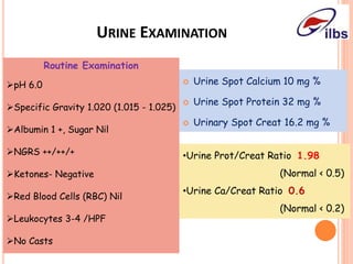URINE EXAMINATION
 Urine Spot Calcium 10 mg %
 Urine Spot Protein 32 mg %
 Urinary Spot Creat 16.2 mg %
Routine Examination
pH 6.0
Specific Gravity 1.020 (1.015 - 1.025)
Albumin 1 +, Sugar Nil
NGRS ++/++/+
Ketones- Negative
Red Blood Cells (RBC) Nil
Leukocytes 3-4 /HPF
No Casts
•Urine Prot/Creat Ratio 1.98
(Normal < 0.5)
•Urine Ca/Creat Ratio 0.6
(Normal < 0.2)
 