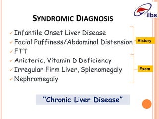 SYNDROMIC DIAGNOSIS
 Infantile Onset Liver Disease
 Facial Puffiness/Abdominal Distension
 FTT
 Anicteric, Vitamin D Deficiency
 Irregular Firm Liver, Splenomegaly
 Nephromegaly
“Chronic Liver Disease”
History
Exam
 