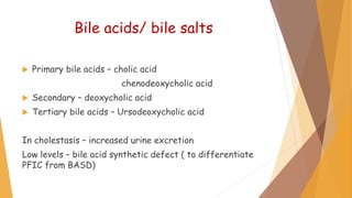 Bile acids/ bile salts
 Primary bile acids – cholic acid
chenodeoxycholic acid
 Secondary – deoxycholic acid
 Tertiary bile acids – Ursodeoxycholic acid
In cholestasis – increased urine excretion
Low levels – bile acid synthetic defect ( to differentiate
PFIC from BASD)
 