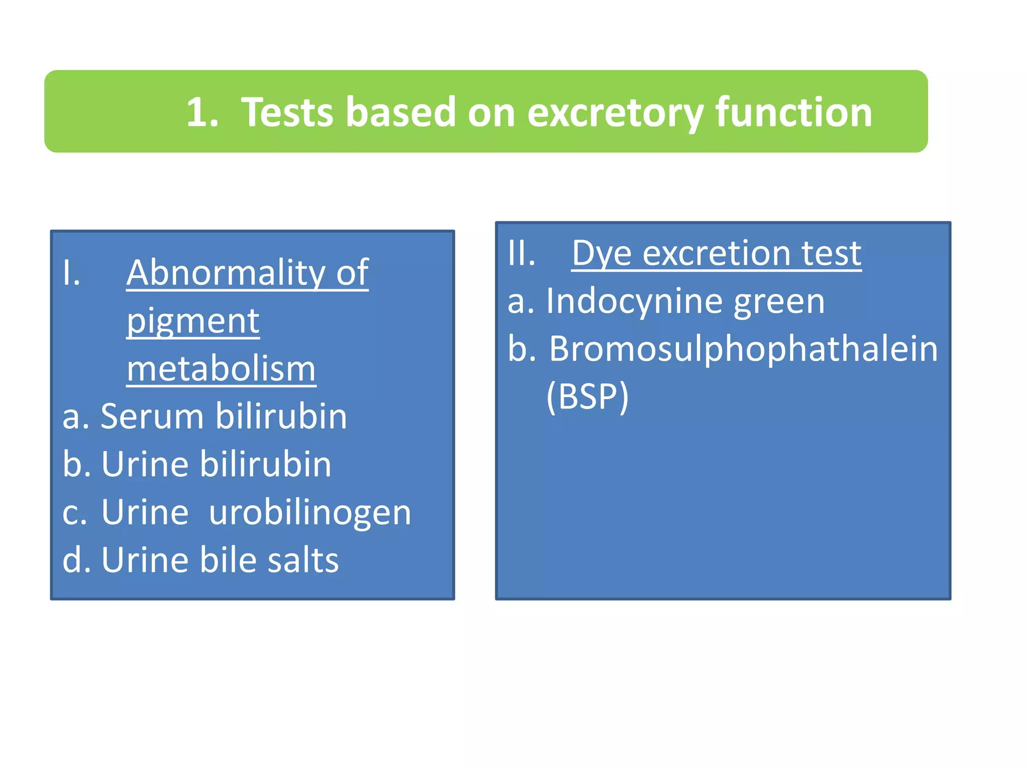 1. Tests based on excretory function
II. Dye excretion test
a. Indocynine green
b. Bromosulphophathalein
(BSP)
I. Abnormality of
pigment
metabolism
a. Serum bilirubin
b. Urine bilirubin
c. Urine urobilinogen
d. Urine bile salts
 