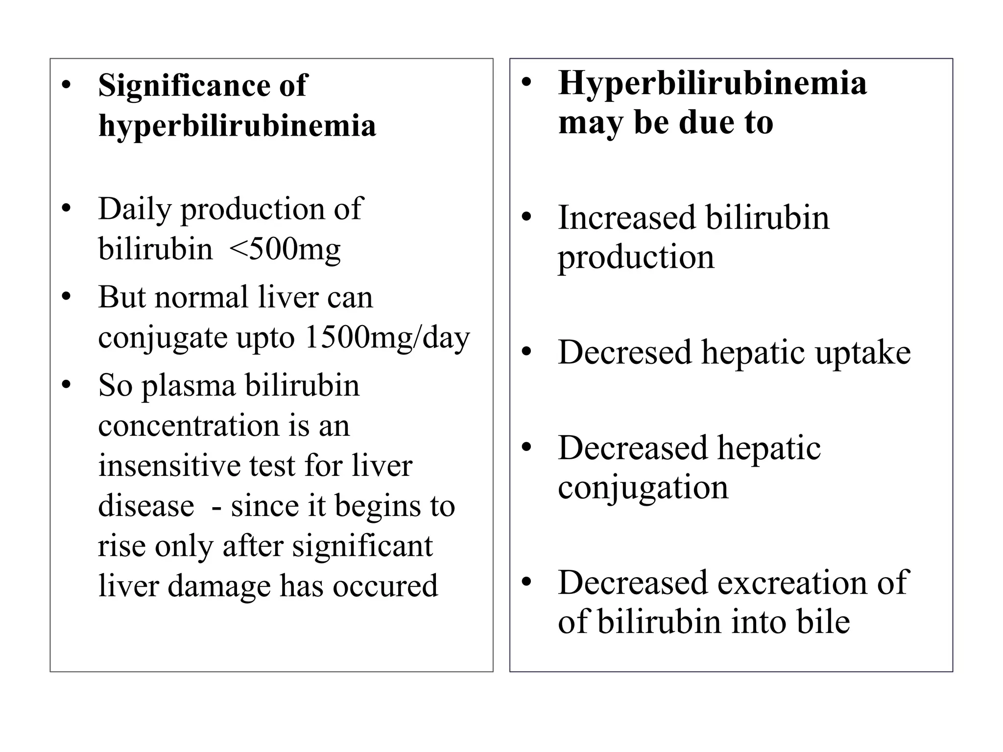 • Significance of
hyperbilirubinemia
• Daily production of
bilirubin <500mg
• But normal liver can
conjugate upto 1500mg/day
• So plasma bilirubin
concentration is an
insensitive test for liver
disease - since it begins to
rise only after significant
liver damage has occured
• Hyperbilirubinemia
may be due to
• Increased bilirubin
production
• Decresed hepatic uptake
• Decreased hepatic
conjugation
• Decreased excreation of
of bilirubin into bile
 