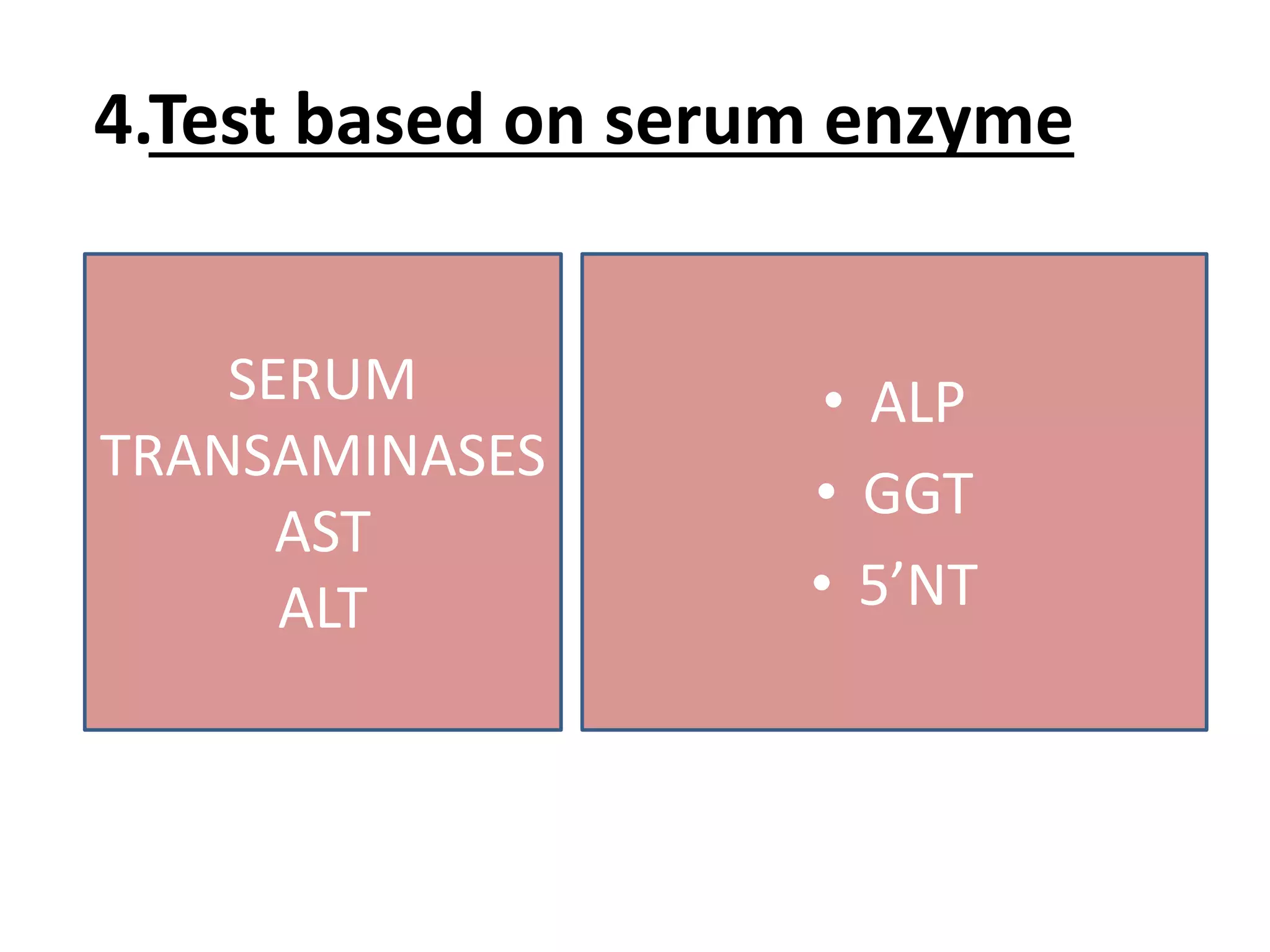 4.Test based on serum enzyme
SERUM
TRANSAMINASES
AST
ALT
• ALP
• GGT
• 5’NT
 