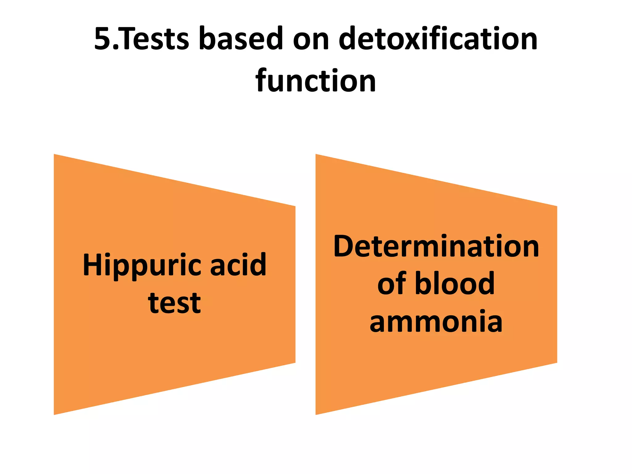 5.Tests based on detoxification
function
Hippuric acid
test
Determination
of blood
ammonia
 