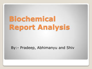 Biochemical
Report Analysis
By:- Pradeep, Abhimanyu and Shiv
 