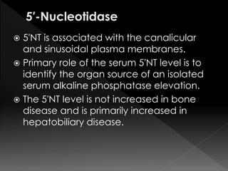  5′NT is associated with the canalicular 
and sinusoidal plasma membranes. 
 Primary role of the serum 5′NT level is to 
identify the organ source of an isolated 
serum alkaline phosphatase elevation. 
 The 5′NT level is not increased in bone 
disease and is primarily increased in 
hepatobiliary disease. 
 