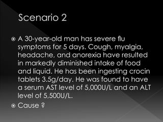  A 30-year-old man has severe flu 
symptoms for 5 days. Cough, myalgia, 
headache, and anorexia have resulted 
in markedly diminished intake of food 
and liquid. He has been ingesting crocin 
tablets 3.5g/day. He was found to have 
a serum AST level of 5,000U/L and an ALT 
level of 5,500U/L. 
 Cause ? 
 