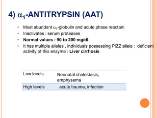 4) 1-ANTITRYPSIN (AAT)
• Most abundant 1-globulin and acute phase reactant
• Inactivates : serum proteases
• Normal values : 90 to 200 mg/dl
• It has multiple alleles , individuals possessing PiZZ allele : deficient
activity of this enzyme : Liver cirrhosis
Low levels Neonatal cholestasis,
emphysema
High levels acute trauma, infection
 