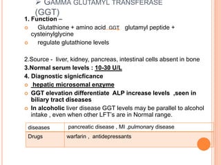  GAMMA GLUTAMYL TRANSFERASE
(GGT)
1. Function –
 Glutathione + amino acid GGT glutamyl peptide +
cysteinylglycine
 regulate glutathione levels
2.Source - liver, kidney, pancreas, intestinal cells absent in bone
3.Normal serum levels : 10-30 U/L
4. Diagnostic signicficance
 hepatic microsomal enzyme
 GGT elevation differentiate ALP increase levels ,seen in
biliary tract diseases
 In alcoholic liver disease GGT levels may be parallel to alcohol
intake , even when other LFT’s are in Normal range.
diseases pancreatic disease , MI ,pulmonary disease
Drugs warfarin , antidepressants
 