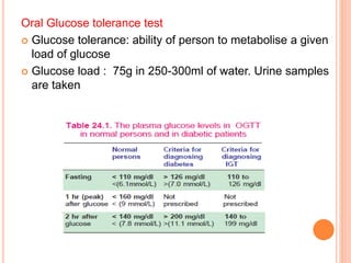Oral Glucose tolerance test
 Glucose tolerance: ability of person to metabolise a given
load of glucose
 Glucose load : 75g in 250-300ml of water. Urine samples
are taken
 