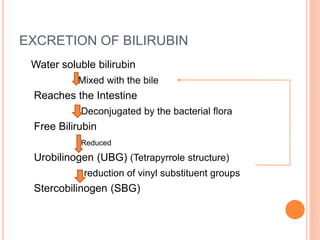 EXCRETION OF BILIRUBIN
Water soluble bilirubin
Mixed with the bile
Reaches the Intestine
Deconjugated by the bacterial flora
Free Bilirubin
Reduced
Urobilinogen (UBG) (Tetrapyrrole structure)
reduction of vinyl substituent groups
Stercobilinogen (SBG)
 