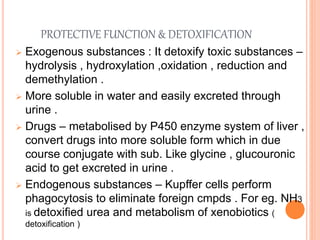 PROTECTIVE FUNCTION & DETOXIFICATION
 Exogenous substances : It detoxify toxic substances –
hydrolysis , hydroxylation ,oxidation , reduction and
demethylation .
 More soluble in water and easily excreted through
urine .
 Drugs – metabolised by P450 enzyme system of liver ,
convert drugs into more soluble form which in due
course conjugate with sub. Like glycine , glucouronic
acid to get excreted in urine .
 Endogenous substances – Kupffer cells perform
phagocytosis to eliminate foreign cmpds . For eg. NH3
is detoxified urea and metabolism of xenobiotics (
detoxification )
 