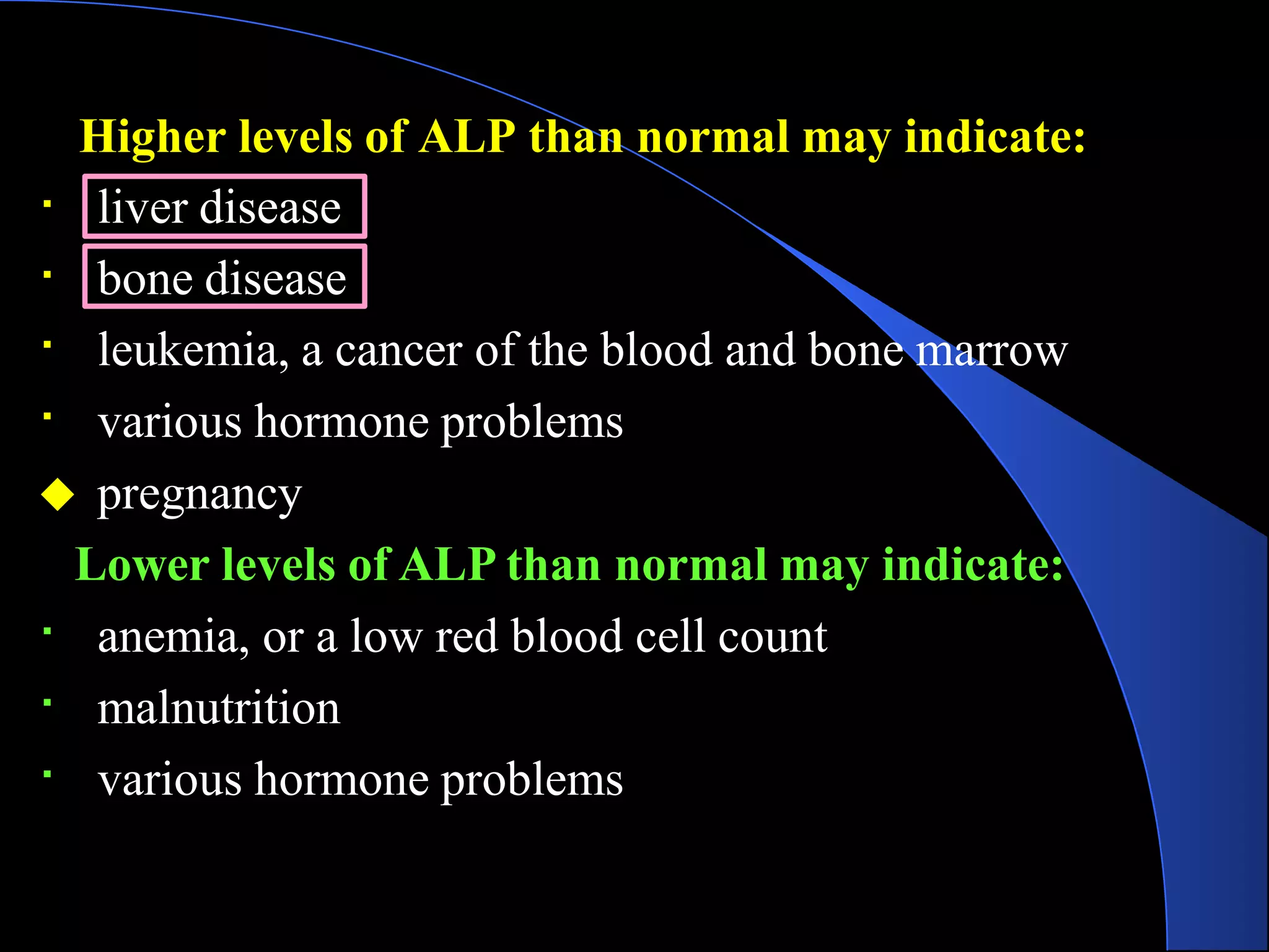 Higher levels of ALP than normal may indicate:
liver disease
bone disease
leukemia, a cancer of the blood and bone marrow
various hormone problems
◆ pregnancy
Lower levels of ALP than normal may indicate:
anemia, or a low red blood cell count
malnutrition
various hormone problems
 