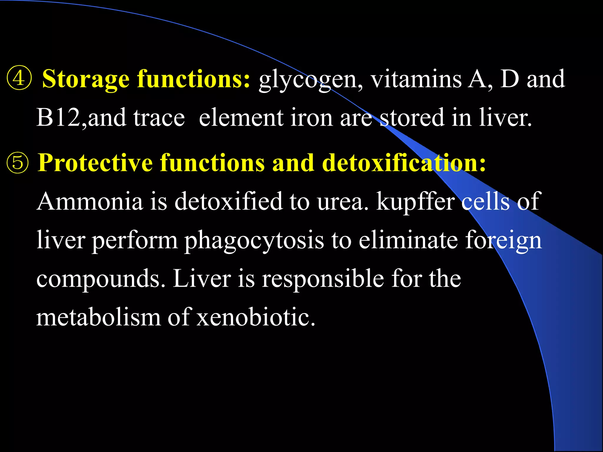 ④ Storage functions: glycogen, vitamins A, D and
B12,and trace element iron are stored in liver.
⑤ Protective functions and detoxification:
Ammonia is detoxified to urea. kupffer cells of
liver perform phagocytosis to eliminate foreign
compounds. Liver is responsible for the
metabolism of xenobiotic.
 