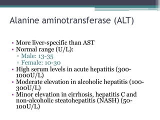 Alanine aminotransferase (ALT)
• More liver-specific than AST
• Normal range (U/L):
▫ Male: 13-35
▫ Female: 10-30
• High serum levels in acute hepatitis (300-
1000U/L)
• Moderate elevation in alcoholic hepatitis (100-
300U/L)
• Minor elevation in cirrhosis, hepatitis C and
non-alcoholic steatohepatitis (NASH) (50-
100U/L)
 