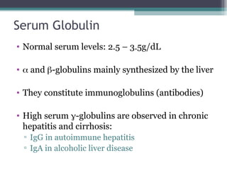 Serum Globulin
• Normal serum levels: 2.5 – 3.5g/dL
•  and -globulins mainly synthesized by the liver
• They constitute immunoglobulins (antibodies)
• High serum -globulins are observed in chronic
hepatitis and cirrhosis:
▫ IgG in autoimmune hepatitis
▫ IgA in alcoholic liver disease
 