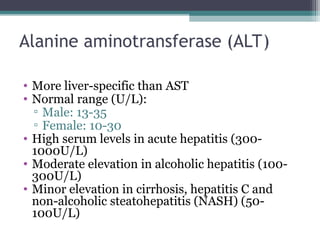 Alanine aminotransferase (ALT)
• More liver-specific than AST
• Normal range (U/L):
▫ Male: 13-35
▫ Female: 10-30
• High serum levels in acute hepatitis (300-
1000U/L)
• Moderate elevation in alcoholic hepatitis (100-
300U/L)
• Minor elevation in cirrhosis, hepatitis C and
non-alcoholic steatohepatitis (NASH) (50-
100U/L)
 