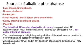 Sources of alkaline phosphatase
• Liver-canalicular membrane.
• Bone—osteoblasts.
• Leukocytes.
• Small intestine—brush border of the entero-cytes.
• Kidney-proximal convoluted tubules.
• Placenta.
• The intestinal AP may be elevated in cirrhosis( overproduction AP
isozymes /often result in cross reactivity –altered syn of intestinal AP ), but
not in intestinal diseases.
• The bone isoenzyme is high in growing children. It is also increased in rickets,
osteomalacia and osteogenic deposits in bone
• Zinc is a cofactor for AP and in any condition causing zinc defeciency,AP may
be reduced
 