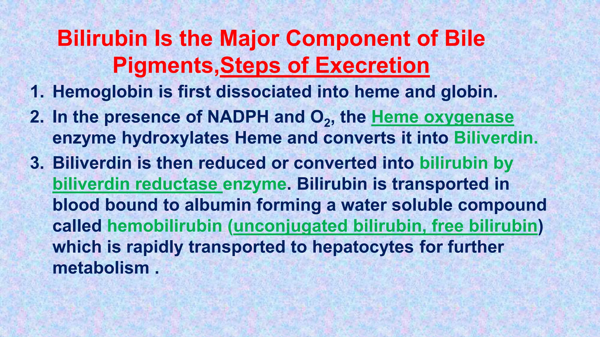 Bilirubin Is the Major Component of Bile
Pigments,Steps of Execretion
1. Hemoglobin is first dissociated into heme and globin.
2. In the presence of NADPH and O2, the Heme oxygenase
enzyme hydroxylates Heme and converts it into Biliverdin.
3. Biliverdin is then reduced or converted into bilirubin by
biliverdin reductase enzyme. Bilirubin is transported in
blood bound to albumin forming a water soluble compound
called hemobilirubin (unconjugated bilirubin, free bilirubin)
which is rapidly transported to hepatocytes for further
metabolism .
 