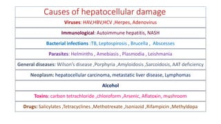 Causes of hepatocellular damage
Viruses: HAV,HBV,HCV ,Herpes, Adenovirus
Immunological: Autoimmune hepatitis, NASH
Bacterial infections :TB, Leptospirosis , Brucella , Abscesses
Parasites: Helminths , Amebiasis , Plasmodia , Leishmania
General diseases: Wilson’s disease ,Porphyria ,Amyloidosis ,Sarcoidosis, AAT deficiency
Neoplasm: hepatocellular carcinoma, metastatic liver disease, Lymphomas
Alcohol
Toxins: carbon tetrachloride ,chloroform ,Arsenic, Aflatoxin, mushroom
Drugs: Salicylates ,Tetracyclines ,Methotrexate ,Isoniazid ,Rifampicin ,Methyldopa
 