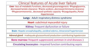 Clinical features of Acute liver failure
Liver :loss of metabolic functions, decreased gluconeogenesis hypoglycemia,
decreased lactate clearance lactic acidosis ,decreased Ammonia clearance
hyperammonemia , decreased synthetic capacity coagulopathy ,Portal
Hypertension
Lungs : Adult respiratory distress syndrome
Heart :subclinical myocardial injury
Kidney: frequent dysfunction or failure
Brain: Hepatic encephalopathy ,cerebral edema ,intracranial hypertension
Adrenal gland : inadequate glucocorticoid production contributing hypotension
Bone marrow: frequent suppression( common in viral diseases )
Circulating leucocytes : impaired function contributing sepsis
 