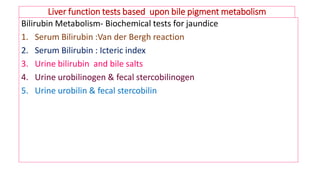 Liver function tests based upon bile pigment metabolism
Bilirubin Metabolism- Biochemical tests for jaundice
1. Serum Bilirubin :Van der Bergh reaction
2. Serum Bilirubin : Icteric index
3. Urine bilirubin and bile salts
4. Urine urobilinogen & fecal stercobilinogen
5. Urine urobilin & fecal stercobilin
 