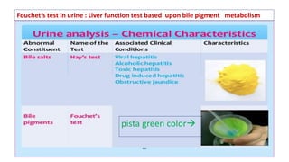 Fouchet’s test in urine : Liver function test based upon bile pigment metabolism
pista green color
 