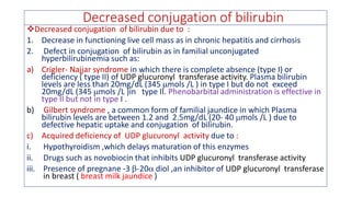 Decreased conjugation of bilirubin
❖Decreased conjugation of bilirubin due to :
1. Decrease in functioning live cell mass as in chronic hepatitis and cirrhosis
2. Defect in conjugation of bilirubin as in familial unconjugated
hyperbilirubinemia such as:
a) Crigler- Najjar syndrome in which there is complete absence (type I) or
deficiency ( type II) of UDP glucuronyl transferase activity. Plasma bilirubin
levels are less than 20mg/dL (345 mols /L ) in type I but do not exceed
20mg/dL (345 mols /L )in type II. Phenobarbital administration is effective in
type II but not in type I .
b) Gilbert syndrome , a common form of familial jaundice in which Plasma
bilirubin levels are between 1.2 and 2.5mg/dL (20- 40 mols /L ) due to
defective hepatic uptake and conjugation of bilirubin.
c) Acquired deficiency of UDP glucuronyl activity due to :
i. Hypothyroidism ,which delays maturation of this enzymes
ii. Drugs such as novobiocin that inhibits UDP glucuronyl transferase activity
iii. Presence of pregnane -3 -20 diol ,an inhibitor of UDP glucuronyl transferase
in breast ( breast milk jaundice )
 