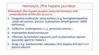 Hemolytic /Pre hepatic jaundice
❖Hemolytic /Pre hepatic jaundice: excessive hemolysis with
overproduction of bilirubin occurs in :
1. Congenital erythrocyte abnormalities ( e.g. hemoglobinopathies-
,sickle cell anemia , glucose -6 phosphate dehydrogenase –G6PD
deficiency)
2. Ineffective erythropoiesis ( e.g. pernicious anemia )
3. Incompatible blood transfusion
4. Infections by hemolytic organisms such as plasmodium species-
(causative agent for malaria )
5. Drugs ( e.g. Sulphonamide ,salicylates )that displace bilirubin from
plasma albumin
 