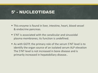 5’ - NUCLEOTIDASE
 This enzyme is found in liver, intestine, heart, blood vessel
& endocrine pancreas.
 5′NT is associated with the canalicular and sinusoidal
plasma membranes; its function is undefined.
 As with GGTP, the primary role of the serum 5′NT level is to
identify the organ source of an isolated serum ALP elevation
The 5′NT level is not increased in bone disease and is
primarily increased in hepatobiliary disease..
 