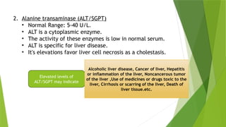 2. Alanine transaminase (ALT/SGPT)
• Normal Range: 5-40 U/L.
• ALT is a cytoplasmic enzyme.
• The activity of these enzymes is low in normal serum.
• ALT is specific for liver disease.
• It's elevations favor liver cell necrosis as a cholestasis.
Elevated levels of
ALT/SGPT may indicate
Alcoholic liver disease, Cancer of liver, Hepatitis
or inflammation of the liver, Noncancerous tumor
of the liver ,Use of medicines or drugs toxic to the
liver, Cirrhosis or scarring of the liver, Death of
liver tissue.etc.
 