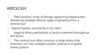 HISTOLOGY
 FNH contains cords of benign-appearing hepatocytes
divided by multiple fibrous septa originating from a
central scar
 Typical hepatic vascularity is not seen
 atypical biliary epithelium is found scattered throughout
the lesion
 The central scar often contains a large artery that
branches out into multiple smaller arteries in a spoke-
wheel pattern
 