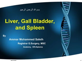 ‫الرحيم‬ ‫الرحمن‬ ‫هللا‬ ‫بسم‬
Liver, Gall Bladder,
and Spleen
By
Ammar Mohammed Saleih
Registrar G.Surgery, MSC
Anatomy, ER.Diploma
 