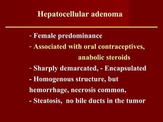 Hepatocellular adenoma
- Female predominance
- Associated with oral contraceptives,
anabolic steroids
- Sharply demarcated, - Encapsulated
- Homogenous structure, but
hemorrhage, necrosis common,
- Steatosis, no bile ducts in the tumor
 