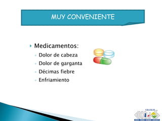 Medicamentos: Dolor de cabeza Dolor de garganta Décimas fiebre Enfriamiento MUY CONVENIENTE 