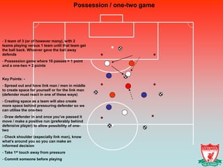 Possession / one-two game
- 3 team of 3 (or of however many), with 2
teams playing versus 1 team until that team get
the ball back. Whoever gave the ball away
defends
- Possession game where 10 passes = 1 point
and a one-two = 2 points
Key Points: -
- Spread out and have link man / men in middle
to create space for yourself or for the link man
(defender must react in one of these ways)
- Creating space as a team will also create
more space behind pressuring defender so we
can utilise the one-two
- Draw defender in and once you’ve passed it
move / make a positive run (preferably behind
defensive player) to allow possibility of one-
two
- Check shoulder (especially link man), know
what’s around you so you can make an
informed decision
- Take 1st touch away from pressure
- Commit someone before playing
 
