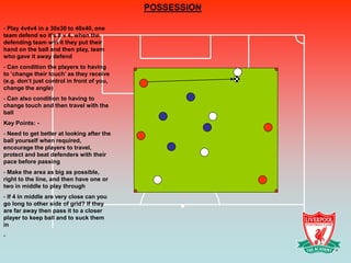 POSSESSION

- Play 4v4v4 in a 30x30 to 40x40, one
team defend so it’s 8 v 4, when the
defending team win it they put their
hand on the ball and then play, team
who gave it away defend
- Can condition the players to having
to ‘change their touch’ as they receive
(e.g. don’t just control in front of you,
change the angle)
- Can also condition to having to
change touch and then travel with the
ball
Key Points: -
- Need to get better at looking after the
ball yourself when required,
encourage the players to travel,
protect and beat defenders with their
pace before passing
- Make the area as big as possible,
right to the line, and then have one or
two in middle to play through
- If 4 in middle are very close can you
go long to other side of grid? If they
are far away then pass it to a closer
player to keep ball and to suck them
in
-
 
