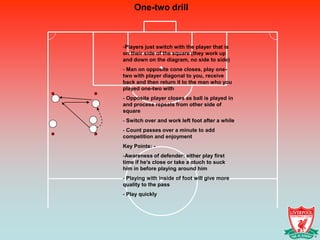 One-two drill



-Players just switch with the player that is
on their side of the square (they work up
and down on the diagram, no side to side)
- Man on opposite cone closes, play one-
two with player diagonal to you, receive
back and then return it to the man who you
played one-two with
- Opposite player closes as ball is played in
and process repeats from other side of
square
- Switch over and work left foot after a while
- Count passes over a minute to add
competition and enjoyment
Key Points: -
-Awareness of defender: either play first
time if he’s close or take a otuch to suck
him in before playing around him
- Playing with inside of foot will give more
quality to the pass
- Play quickly
 