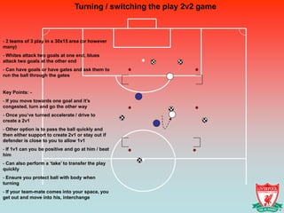 Turning / switching the play 2v2 game



- 2 teams of 3 play in a 30x15 area (or however
many)
- Whites attack two goals at one end, blues
attack two goals at the other end
- Can have goals or have gates and ask them to
run the ball through the gates


Key Points: -
- If you move towards one goal and it’s
congested, turn and go the other way
- Once you’ve turned accelerate / drive to
create a 2v1
- Other option is to pass the ball quickly and
then either support to create 2v1 or stay out if
defender is close to you to allow 1v1
- If 1v1 can you be positive and go at him / beat
him
- Can also perform a ‘take’ to transfer the play
quickly
- Ensure you protect ball with body when
turning
- If your team-mate comes into your space, you
get out and move into his, interchange
 