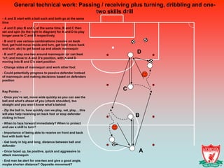 General technical work: Passing / receiving plus turning, dribbling and one-
                                      two skills drill
- A and D start with a ball each and both go at the same
time
- A and D play B and C at the same time, B and C then
set and spin (to the right in diagram) for A and D to play
longer pass to C and B respectively
- B and C use various combinations (receive on back
foot, get hold move inside and turn, get hold move back
and turn, etc) to get faced up and attack mannequin
- B and C play one-two around mannequin (or can beat
                                                                  D
1v1) and move to A and D’s position, with A and D
moving into B and C’s start position
- Change sides of mannequin and work other foot
- Could potentially progress to passive defender instead
of mannequin and making decisions based on defenders
position


Key Points: -
                                                              C
- Once you’ve set, move wide quickly so you can see the
ball and what’s ahead of you (check shoulder), too
straight and you won’t know what’s behind
- Zip the ball in, how quickly can we play, set, play….this
will also help receiving on back foot or stop defender
nicking in front
                                                                  B
- When to face forward immediately? When to protect
and use a skill to turn?
- Importance of being able to receive on front and back
foot with both feet
- Get body in big and long, distance between ball and
defender
- Once faced up, be positive, quick and aggressive to             A
attack mannequin
- End man be alert for one-two and give a good angle,
maybe shorten distance? Opposite movement?
 