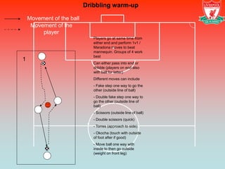 Dribbling warm-up

    Movement of the ball
     Movement of the
         player
                              Players go at same time from
                              either end and perform 1v1 /
                              Maradona moves to beat
                              mannequin. Groups of 4 work
                              best
1
                              Can either pass into end or
                              dribble (players on end also
                              with ball for latter)
                              Different moves can include
                              - Fake step one way to go the
                              other (outside line of ball)
                              - Double fake step one way to
                              go the other (outside line of
                              ball)
                              - Scissors (outside line of ball)
                              - Double scissors (quick)
                              - Torres (approach to side)
                              - Okocha (touch with outside
                              of foot after if good)
                              - Move ball one way with
                              inside to then go outside
                              (weight on front leg)
 