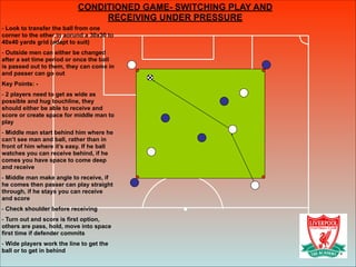 CONDITIONED GAME- SWITCHING PLAY AND
RECEIVING UNDER PRESSURE!
- Look to transfer the ball from one
corner to the other in aorund a 30x30 to
40x40 yards grid (adapt to suit)
- Outside men can either be changed
after a set time period or once the ball
is passed out to them, they can come in
and passer can go out
Key Points: -
- 2 players need to get as wide as
possible and hug touchline, they
should either be able to receive and
score or create space for middle man to
play
- Middle man start behind him where he
can’t see man and ball, rather than in
front of him where it’s easy. If he ball
watches you can receive behind, if he
comes you have space to come deep
and receive
- Middle man make angle to receive, if
he comes then passer can play straight
through, if he stays you can receive
and score
- Check shoulder before receiving
- Turn out and score is first option,
others are pass, hold, move into space
first time if defender commits
- Wide players work the line to get the
ball or to get in behind
 