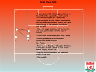 One-two drill
-Players just switch with the player that is on
their side of the square (they work up and
down on the diagram, no side to side)
- Man on opposite cone closes, play one-two
with player diagonal to you, receive back and
then return it to the man who you played
one-two with
- Opposite player closes as ball is played in
and process repeats from other side of
square
- Switch over and work left foot after a while
- Count passes over a minute to add
competition and enjoyment
Key Points: -
-Awareness of defender: either play first time
if he’s close or take a otuch to suck him in
before playing around him
- Playing with inside of foot will give more
quality to the pass
- Play quickly
 