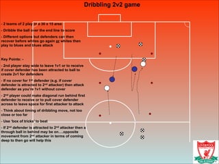 Dribbling 2v2 game
!
- 2 teams of 2 play in a 30 x 15 area
- Dribble the ball over the end line to score
- Different options but defenders can then
recover before whites go again or whites then
play to blues and blues attack
!
Key Points: -
- 2nd player stay wide to leave 1v1 or to receive
if cover defender has been attracted to ball to
create 2v1 for defenders
- If no cover for 1st defender (e.g. if cover
defender is attracted to 2nd attacker) then attack
defender as you’re 1v1 without cover
- 2nd player could make diagonal run behind first
defender to receive or to pull cover defender
across to leave space for first attacker to attack
- Think about timing of dribbling move, not too
close or too far
- Use ‘box of tricks’ to beat
- If 2nd defender is attracted to 2nd attacker then a
through ball in behind may be on….opposite
movement from 2nd attacker in terms of coming
deep to then go will help this
 