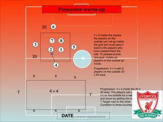 Possession warm-up
5
4
2
3
DATE…………………
1
6
7 8
2 v 2 inside the square
the players on the
outside can not go inside
the grid and must pass it
back to the players who
have passed them the
ball. 10 passes scores
one goal. (rotate so
players on the outside go
inside.
Progression: 4 v 4 with 8
players on the outside 20
x 40 area.
!
!
!
20
20
4 v 4
x x x
xxx
T
T
Progression: 4 v 4 inside the 20 x
40 area. The players can you the
x’s on the outside for a wall pass
and score by getting the ball from
1 Target man to the other.
Condition to three touches.
 