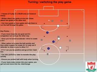 Turning / switching the play game
!
- 2 teams of 3 play in a 30x20 area (or however
many)
- Whites attack two goals at one end, blues
attack two goals at the other end
- Can have goals or have gates and ask them to
run the ball through the gates
!
Key Points: -
- If you move towards one goal and it’s
congested, turn and go the other way
- Once you’ve turned accelerate / drive to create
a 2v1
- Other option is to pass the ball quickly and
then either support to create 2v1 or stay out if
defender is close to you to allow 1v1
- If 1v1 can you be positive and go at him / beat
him
- Can also perform a ‘take’ to transfer the play
quickly
- Ensure you protect ball with body when turning
- If your team-mate comes into your space, you
get out and move into his, interchange
 