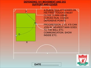 DATE…………………
DEFENDING 1V1 MOVEMENT AND 2V2
SUPPORT AND COVER
X
X
A
D
X PLAYS TO A -ATTACKER.ON
HIS FIRST TOUCH D MUST
CLOSE DOWN USING
CURVED RUN. COACH
DEFENSIVE POINTS
PROGRESSION: 2 V2. X’S CAN
JOIN IN. NEAREST MAN GOES
TO THE BALL ETC.
COMMUNICATION. SHOW
INSIDE ETC.
 