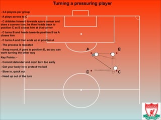 Turning a pressuring player
- 3-4 players per group
- A plays across to C
- C dribbles forward towards spare corner and
do...