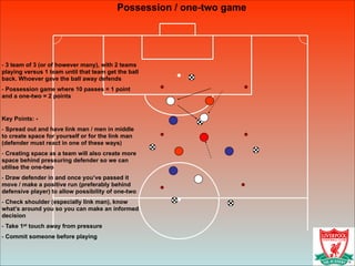 Possession / one-two game
!
- 3 team of 3 (or of however many), with 2 teams
playing versus 1 team until that team get the...