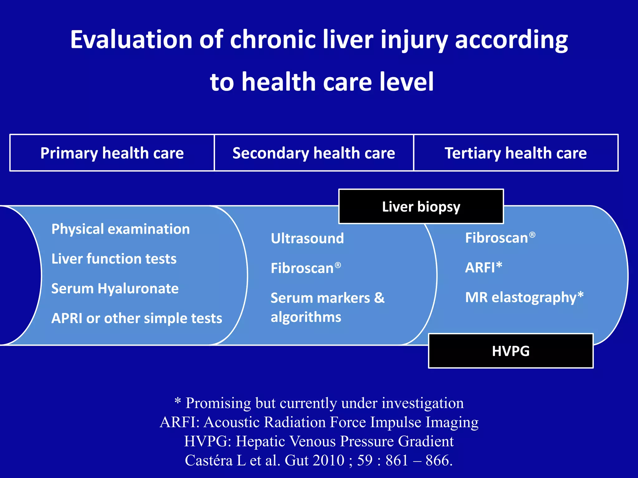 Evaluation of chronic liver injury according
to health care level
Physical examination
Liver function tests
Serum Hyaluronate
APRI or other simple tests
Primary health care
Ultrasound
Fibroscan®
Serum markers &
algorithms
Secondary health care
Fibroscan®
ARFI*
MR elastography*
Tertiary health care
Liver biopsy
HVPG
* Promising but currently under investigation
ARFI: Acoustic Radiation Force Impulse Imaging
HVPG: Hepatic Venous Pressure Gradient
Castéra L et al. Gut 2010 ; 59 : 861 – 866.
 